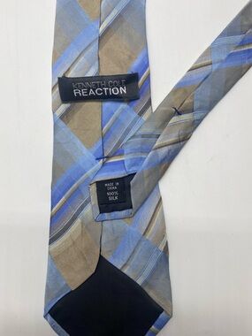 Kenneth Cole Reaction Blue and Taupe Plaid Silk Tie # 0010